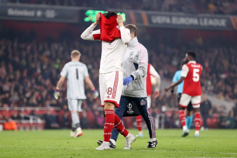 LONDON, ENGLAND - NOVEMBER 03: Takehiro Tomiyasu of Arsenal reacts while leaving the pitch injured during the UEFA Europa League group A match betw...