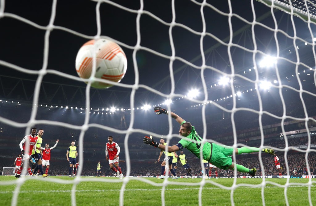 LONDON, ENGLAND - NOVEMBER 03: Kieran Tierney of Arsenal (not visable) scores their sides first goal past Yanick Brecher of FC Zurich durinduring the UEFA Europa League group A match between Arsenal FC and FC Zürich at Emirates Stadium on November 03, 2022 in London, England. (Photo by Ryan Pierse/Getty Images)