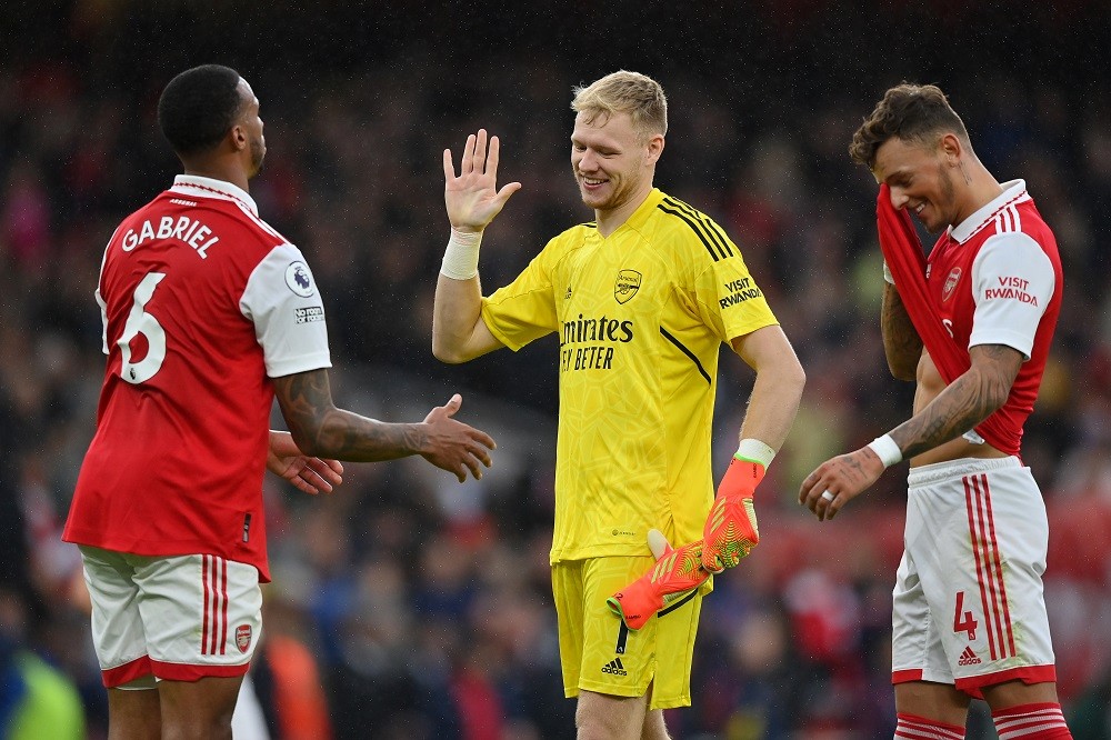 Arsenal's Gabriel mocks Aubameyang on social media 2 LONDON, ENGLAND: Aaron Ramsdale of Arsenal celebrates with teammate Gabriel Magalhaes following their side's victory in the Premier League match between Arsenal FC and Nottingham Forest at Emirates Stadium on October 30, 2022. (Photo by Justin Setterfield/Getty Images)