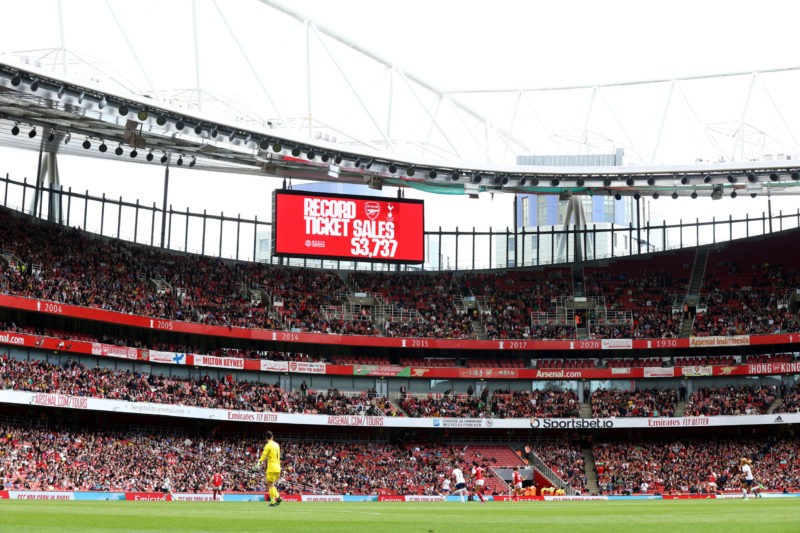 Arsenal boss Eidevall unfazed by Man City stumble in WSL title chase 4 LONDON, ENGLAND - SEPTEMBER 24: An LED board inside the stadium displays a message reading "record ticket sales" during the FA Women's Super League match between Arsenal and Tottenham Hotspur at Emirates Stadium on September 24, 2022 in London, England. (Photo by Clive Rose/Getty Images)