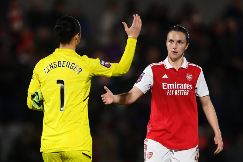 BOREHAMWOOD, ENGLAND - OCTOBER 30: Lotte Wubben-Moy of Arsenal celebrates victory with teammate Manuela Zinsberger following the FA Women's Super L...