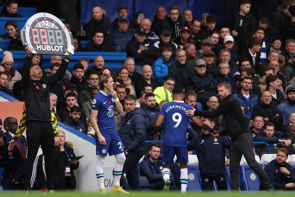 Barcelona want Aubameyang for free again despite Chelsea fee 3 LONDON, ENGLAND: Graham Potter embraces Pierre-Emerick Aubameyang of Chelsea as they are substituted off during the Premier League match between Chelsea FC and Arsenal FC at Stamford Bridge on November 06, 2022. (Photo by Ryan Pierse/Getty Images)