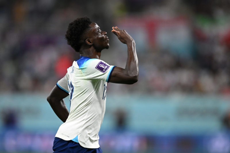 DOHA, QATAR - NOVEMBER 21: Bukayo Saka of England celebrates after scoring their team's fourth goal during the FIFA World Cup Qatar 2022 Group B ma...