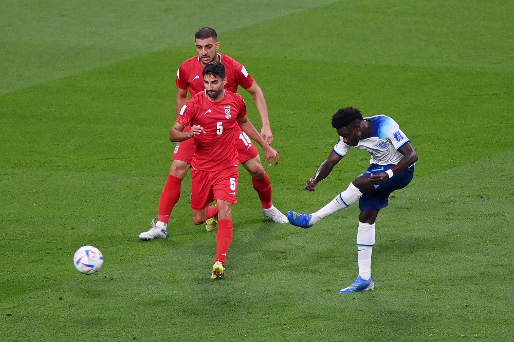 Pundit slams decision to substitute Bukayo Saka 3 DOHA, QATAR: Bukayo Saka of England scores his team's fourth goal during the FIFA World Cup Qatar 2022 Group B match between England and IR Iran at Khalifa International Stadium on November 21, 2022. (Photo by Laurence Griffiths/Getty Images)