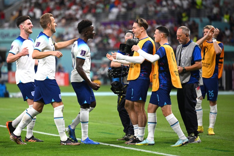 Unbelievable: Declan Rice hails Bukayo Saka's 'strength of character' 2 DOHA, QATAR - NOVEMBER 21: Bukayo Saka of England celebrates with teammates after scoring their team's fourth goal during the FIFA World Cup Qatar 2022 Group B match between England and IR Iran at Khalifa International Stadium on November 21, 2022 in Doha, Qatar. (Photo by Matthias Hangst/Getty Images)