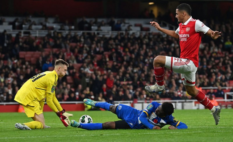 Arteta defends Vieira and Hein after Brighton defeat 2 Arsenal's Estonian goalkeeper Karl Hein (L) stops a goal scoring attempt from Brighton's English midfielder Tariq Lamptey (C) during the English League Cup third round football match between Arsenal and Brighton and Hove Albion at the Emirates Stadium, in London on November 9, 2022. (Photo by GLYN KIRK/AFP via Getty Images)