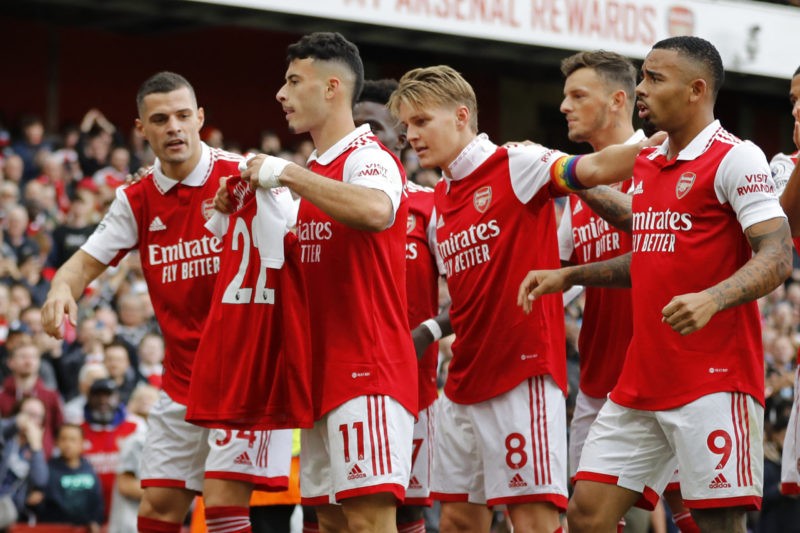Arsenal's October: We could be contenders 3 Arsenal's Brazilian midfielder Gabriel Martinelli holds up the shirt of Arsenal's Spanish defender Pablo Mari (recently injured in a stabbing incident in Italy) as he celebrates with teammates after scoring the opening goal of the English Premier League football match between Arsenal and Nottingham Forest at the Emirates Stadium in London on October 30, 2022. (Photo by IAN KINGTON/AFP via Getty Images)