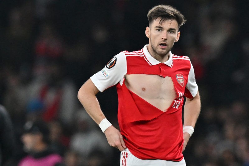 Arsenal's Scottish defender Kieran Tierney looks on after his shirt was torn during the UEFA Europa League Group A football match between Arsenal a...