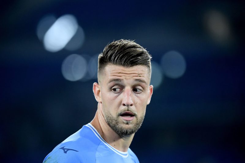 Lazio's ISerbian midfielder Sergej Milinkovic-Savic look on during the UEFA Europa League Group F football match between Lazio and Midtjylland at the Olympic stadium in Rome on October 27, 2022. (Photo by Filippo MONTEFORTE / AFP) (Photo by FILIPPO MONTEFORTE/AFP via Getty Images)