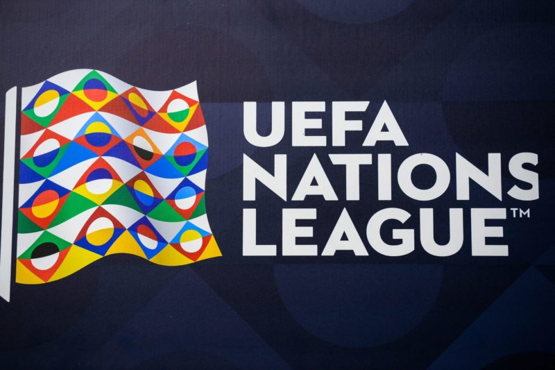 A view shows the logo of the UEFA Nations League football competition at the San Siro (Giuseppe-Meazza) stadium on October 5, 2021 in Milan, on the...