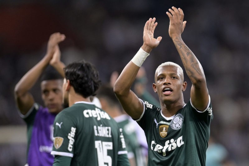 Palmeiras' Danilo celebrates after defeating Atletico Mineiro at the end of their Copa Libertadores football tournament quarterfinals all-Brazilian...