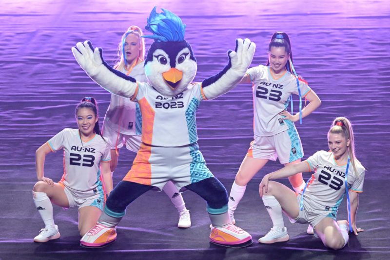 Official mascot Tazuni and dancers perform during the football draw ceremony for the Australia and New Zealand 2023 FIFA Women's World Cup at the A...