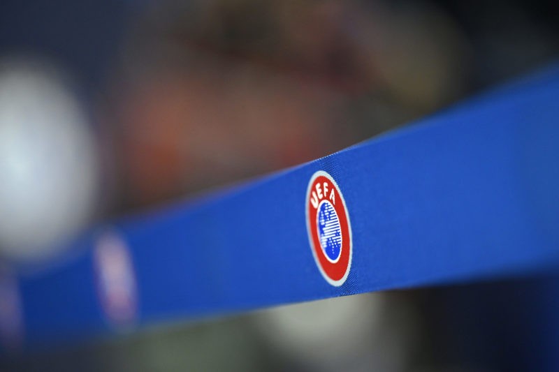 SALZBURG, AUSTRIA - OCTOBER 25: The UEFA logo is seen prior to the UEFA Champions League group E match between FC Salzburg and Chelsea FC at Footba...