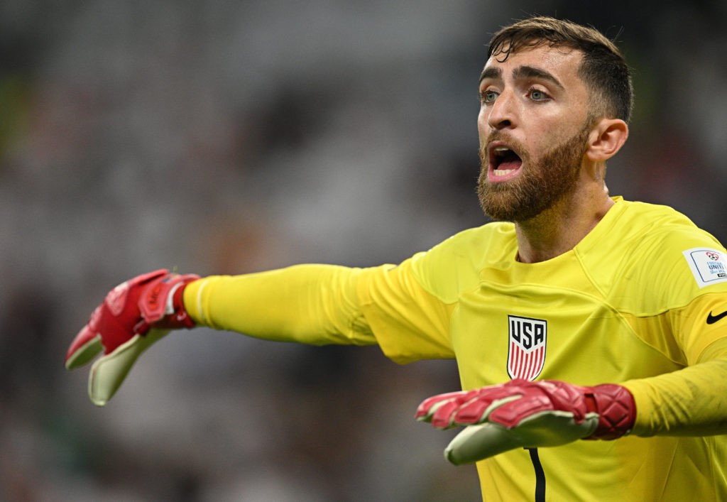 DOHA, QATAR: Matt Turner of USA shouts during the FIFA World Cup Qatar 2022 Group B match between IR Iran and USA at Al Thumama Stadium on November 29, 2022. (Photo by Stuart Franklin/Getty Images)