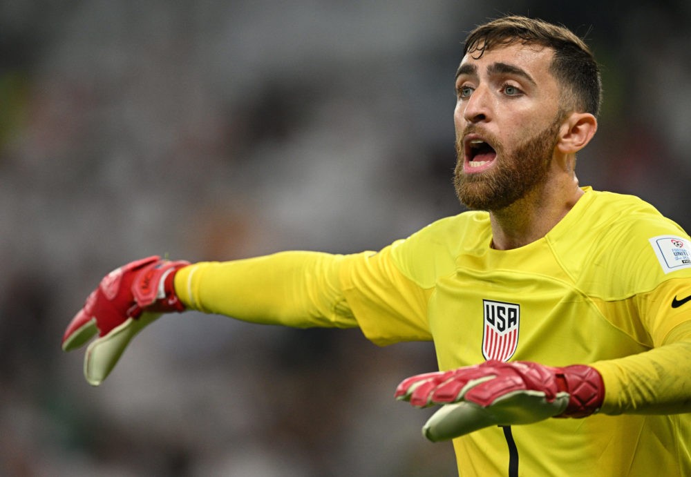 DOHA, QATAR: Matt Turner of USA shouts during the FIFA World Cup Qatar 2022 Group B match between IR Iran and USA at Al Thumama Stadium on November...