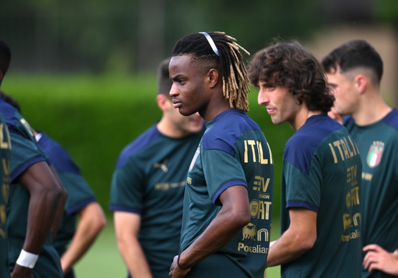 FLORENCE, ITALY - MAY 24: Ibrahima Bamba of Italy looks on during a Italy training session at Centro Tecnico Federale di Coverciano on May 24, 2022...