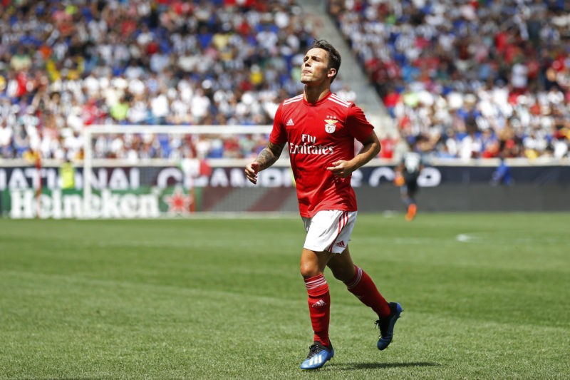 HARRISON, NJ - JULY 28: Alejandro Grimaldo #3 of Benfica celebrates scoring a goal against Juventus during the International Champions Cup 2018 mat...