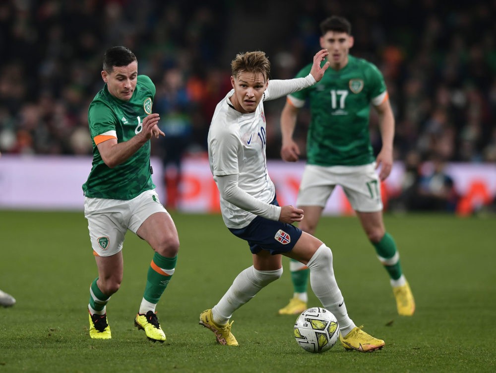 DUBLIN, IRELAND: Josh Cullen of the Republic of Ireland and Martin Odegaard of Norway pictured during the International Friendly match between the ...