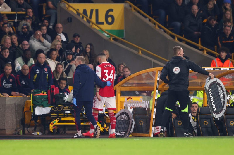 Xhaka & 4 other Arsenal players ill from pre-Wolves meal 3 WOLVERHAMPTON, ENGLAND - NOVEMBER 12: Granit Xhaka of Arsenal leaves the pitch after receiving medical treatment during the Premier League match between Wolverhampton Wanderers and Arsenal FC at Molineux on November 12, 2022 in Wolverhampton, England. (Photo by Marc Atkins/Getty Images)