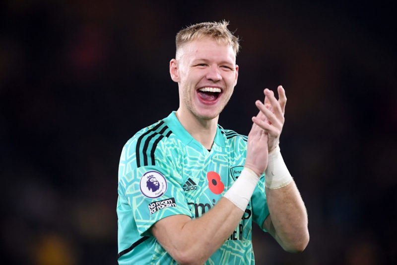 WOLVERHAMPTON, ENGLAND - NOVEMBER 12: Aaron Ramsdale of Arsenal celebrates following their side's victory in the Premier League match between Wolve...