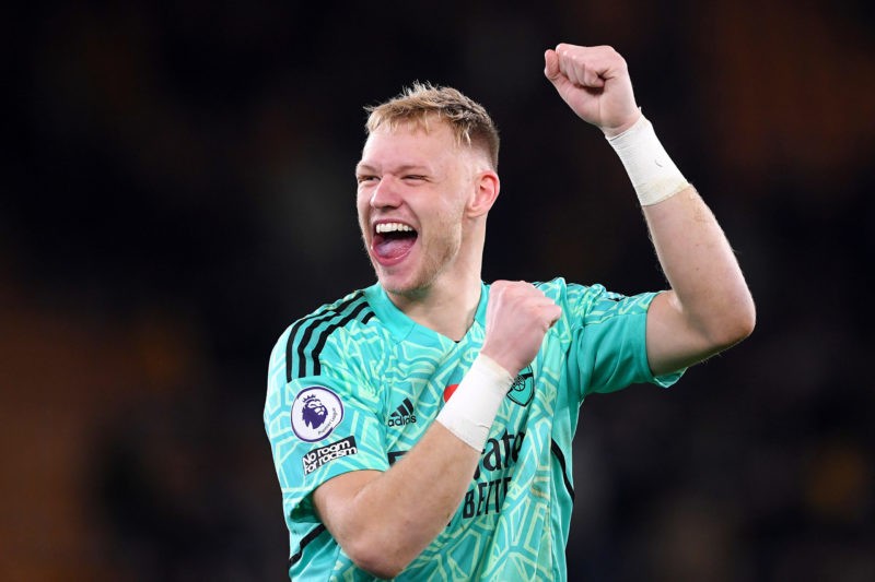 WOLVERHAMPTON, ENGLAND - NOVEMBER 12: Aaron Ramsdale of Arsenal celebrates following their side's victory in the Premier League match between Wolve...