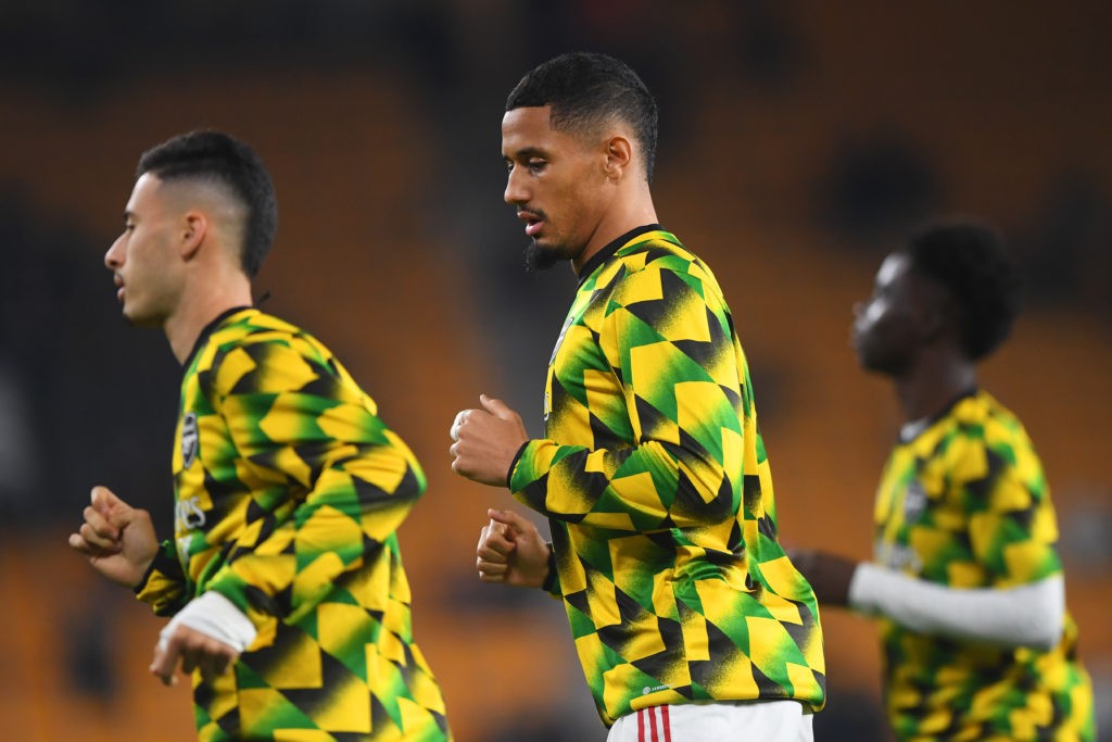 3 Arsenal players at risk of suspension against Manchester United 3 WOLVERHAMPTON, ENGLAND - NOVEMBER 12: William Saliba of Arsenal warms up prior to the Premier League match between Wolverhampton Wanderers and Arsenal FC at Molineux on November 12, 2022 in Wolverhampton, England. (Photo by Harriet Lander/Getty Images)