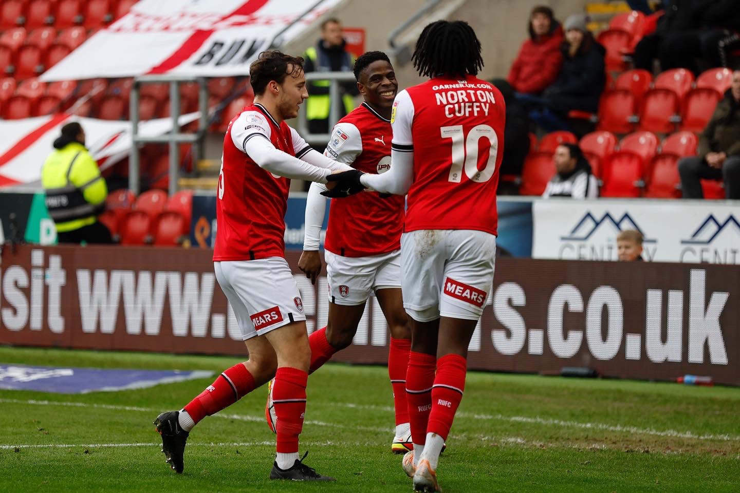 Brooke Norton-Cuffy celebrating his assist for Rotherham United (Photo via Norton-Cuffy on Twitter)