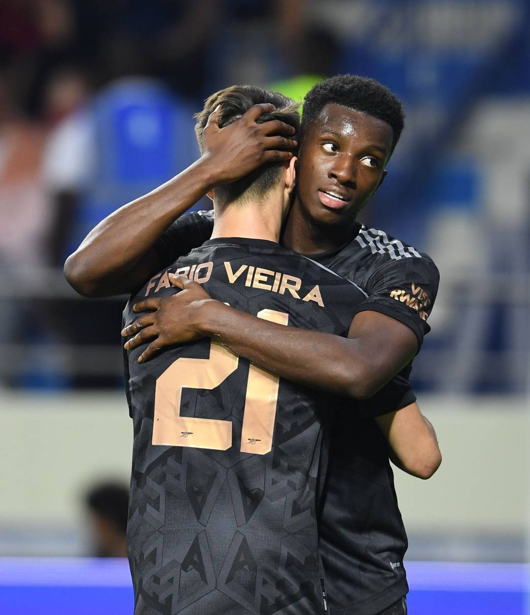 Eddie Nketiah celebrating an Arsenal goal at the Dubai Super Cup (Photo via Arsenal.com)