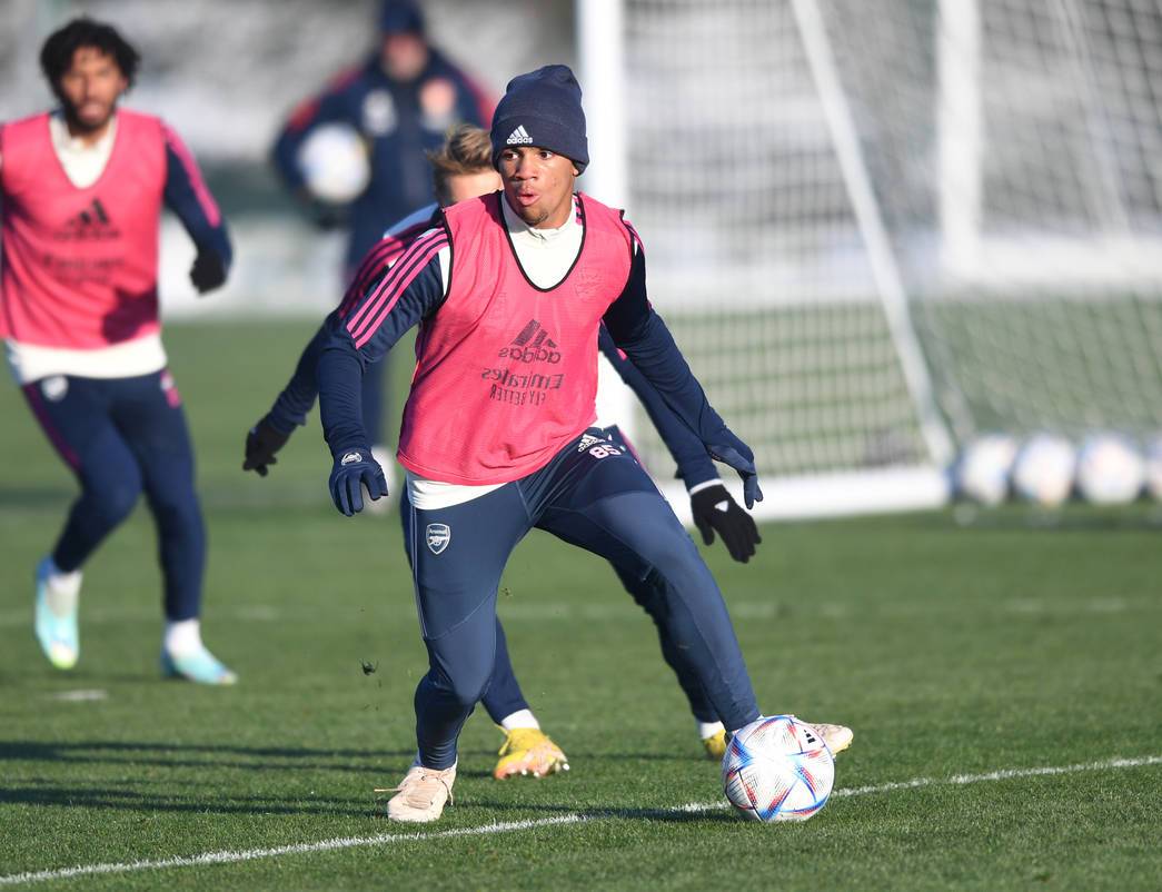 Ethan Nwaneri in training with Arsenal (Photo via Arsenal.com)