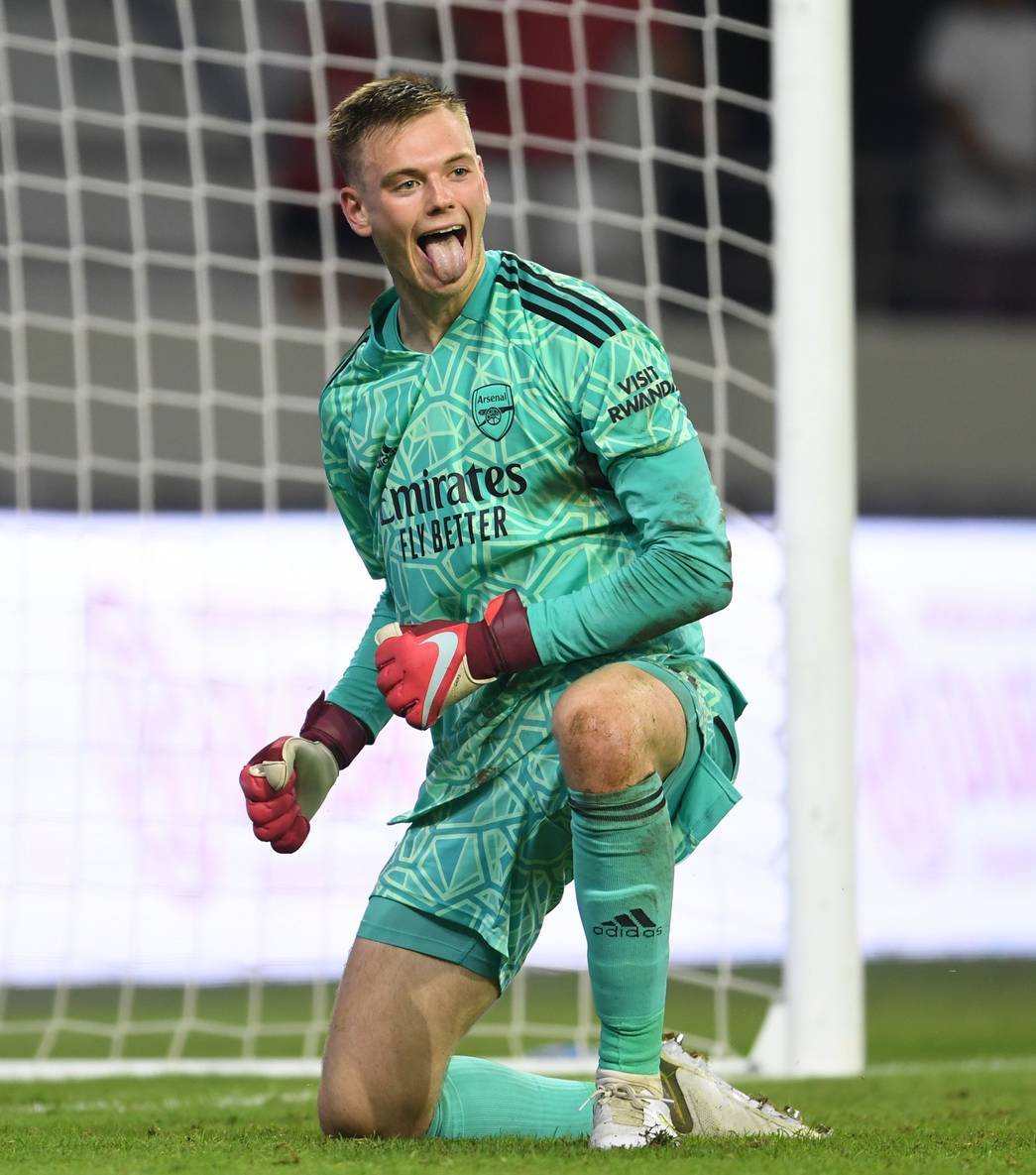 Karl Hein celebrating a penalty save (Photo via Arsenal.com)