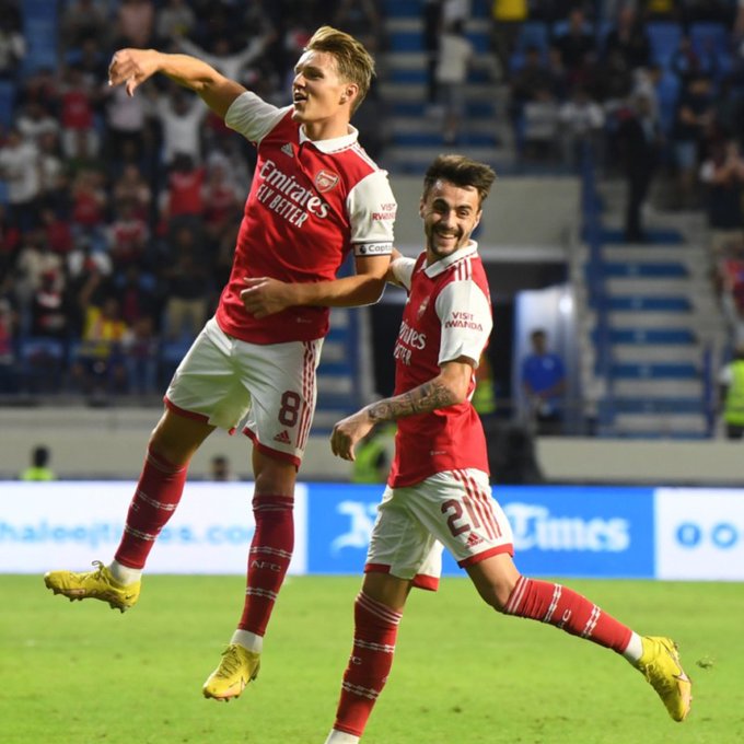 Martin Odegaard celebrating a friendly goal for Arsenal (Photo via Arsenal on Twitter)