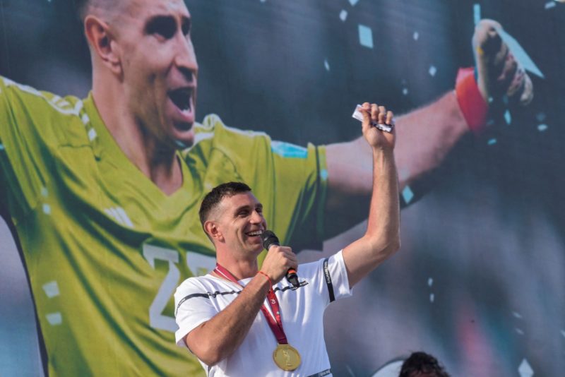 Argentine goalkeeper Emiliano Martinez speaks to fans in Mar del Plata, Argentina, during a tribute upon his return to his hometown after winning t...