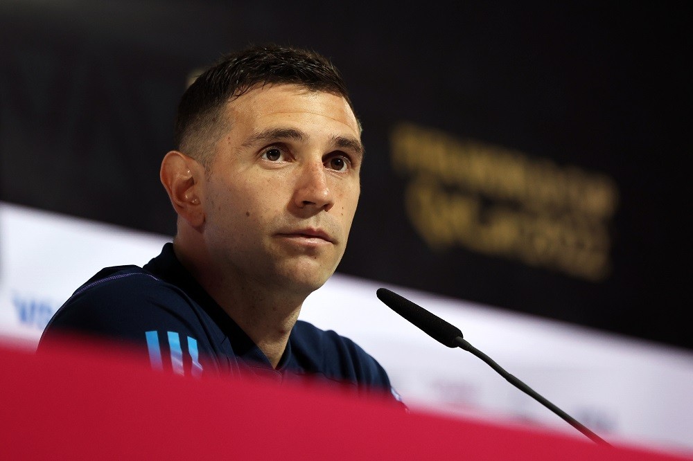 DOHA, QATAR: Emi Martinez of Argentina speaks during the Argentina Press Conference at the Main Media Center on December 17, 2022. (Photo by Mohame...