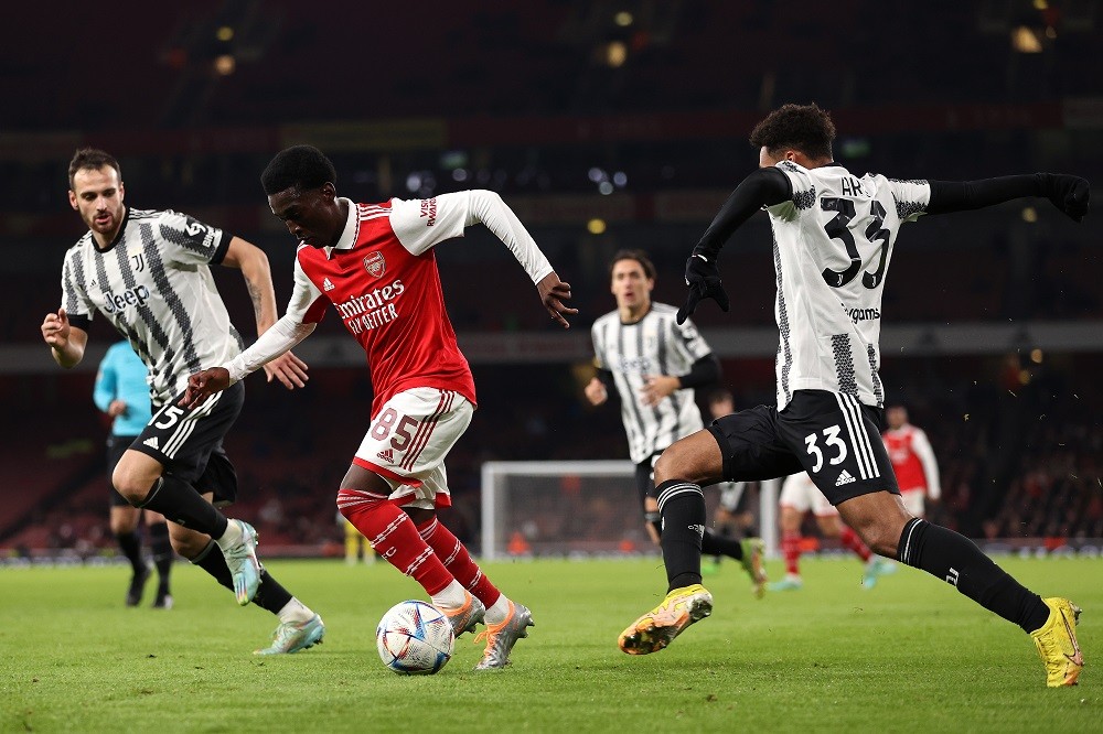 Arsenal 18yo scores in 1st minute of international duty 3 LONDON, ENGLAND: Amario Cozier-Duberry of Arsenal avoids Marley Ake of Juventus during the friendly between Arsenal and Juventus at Emirates Stadium on December 17, 2022. (Photo by Ryan Pierse/Getty Images)