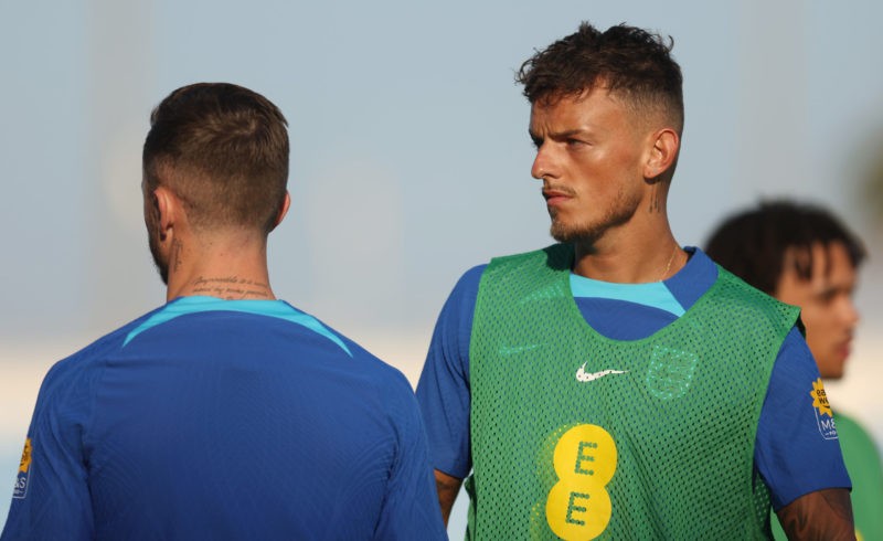 DOHA, QATAR - NOVEMBER 26: Ben White of England looks on during the England Training Session at Al Wakrah Stadium on November 26, 2022 in Doha, Qat...