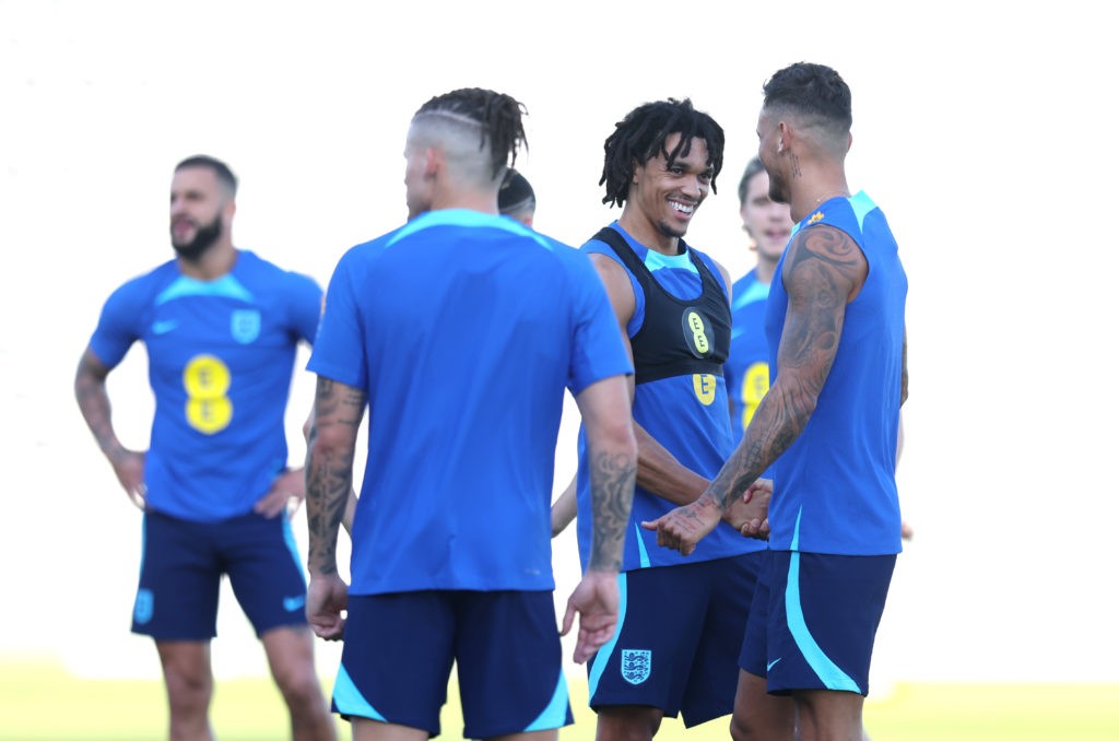 DOHA, QATAR: Trent Alexander-Arnold speaks to Ben White during the England Training Session at Al Wakrah Stadium on November 22, 2022. (Photo by Alex Pantling/Getty Images)