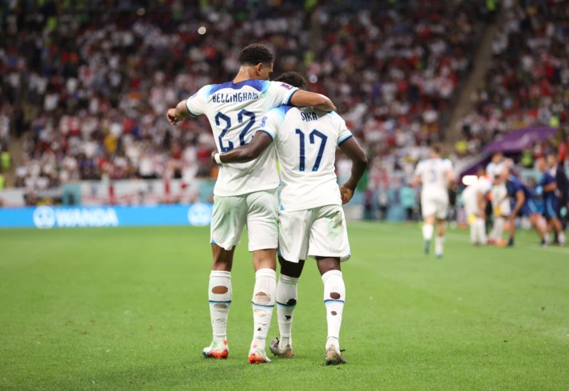 Bukayo Saka buzzing after England 3-0 win 3 AL KHOR, QATAR - DECEMBER 04: Jude Bellingham congratulates Bukayo Saka of England after he scores the third goal during the FIFA World Cup Qatar 2022 Round of 16 match between England and Senegal at Al Bayt Stadium on December 04, 2022 in Al Khor, Qatar. (Photo by Catherine Ivill/Getty Images)