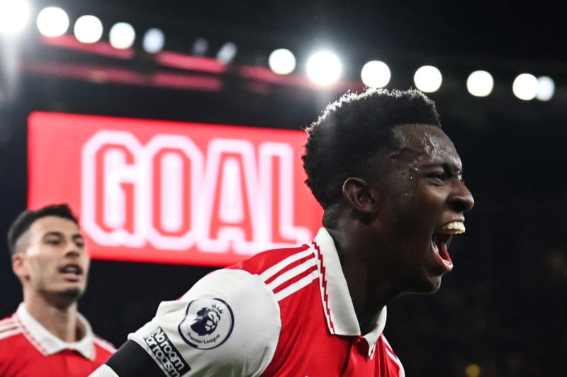 Arsenal's English striker Eddie Nketiah celebrates after scoring his team third goal during the English Premier League football match between Arsen...