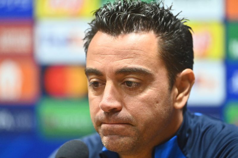 FC Barcelona's head coach Xavi looks down during a press conference in Plzen, Czech Republic, on October 31, 2022, on the eve of the UEFA Champions...
