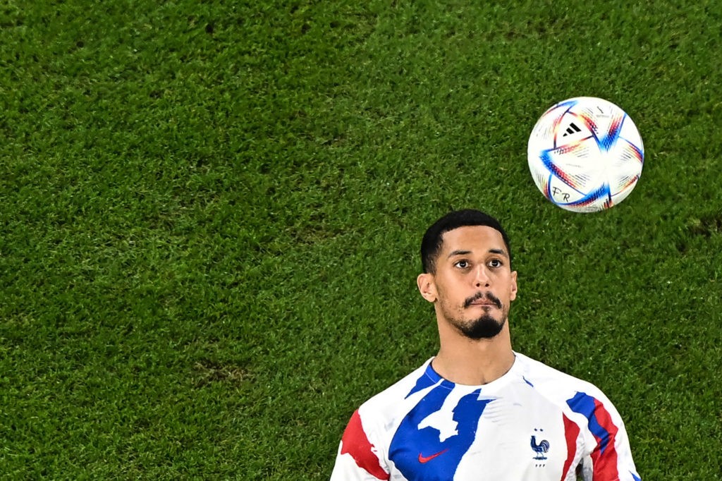 France's defender #17 William Saliba warms up before the start of the Qatar 2022 World Cup round of 16 football match between France and Poland at the Al-Thumama Stadium in Doha on December 4, 2022. (Photo by MANAN VATSYAYANA/AFP via Getty Images)