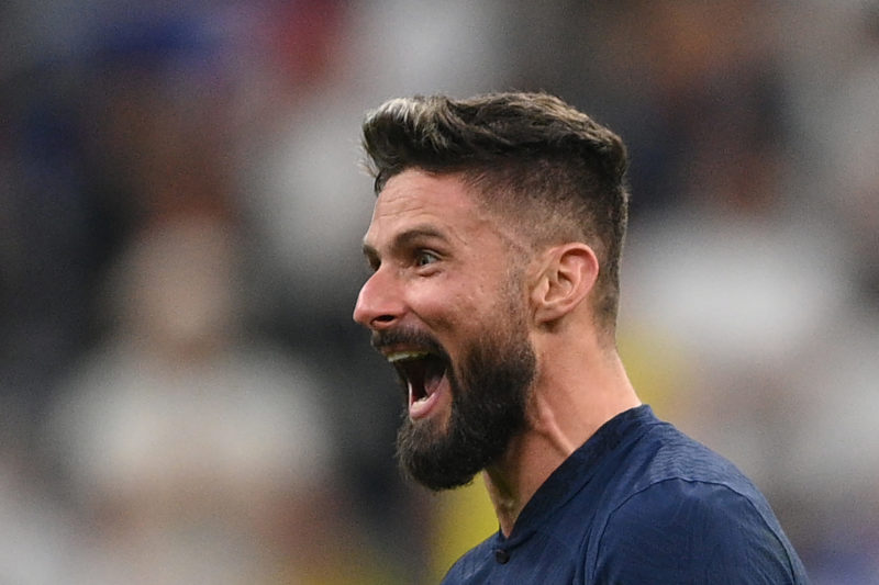 France's forward #09 Olivier Giroud celebrates winning the Qatar 2022 World Cup quarter-final football match between England and France at the Al-B...