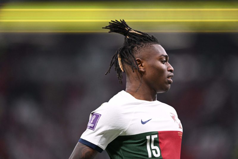 Portugal's forward #15 Rafael Leao reacts during the Qatar 2022 World Cup quarter-final football match between Morocco and Portugal at the Al-Thumama Stadium in Doha on December 10, 2022. (Photo by KIRILL KUDRYAVTSEV/AFP via Getty Images)