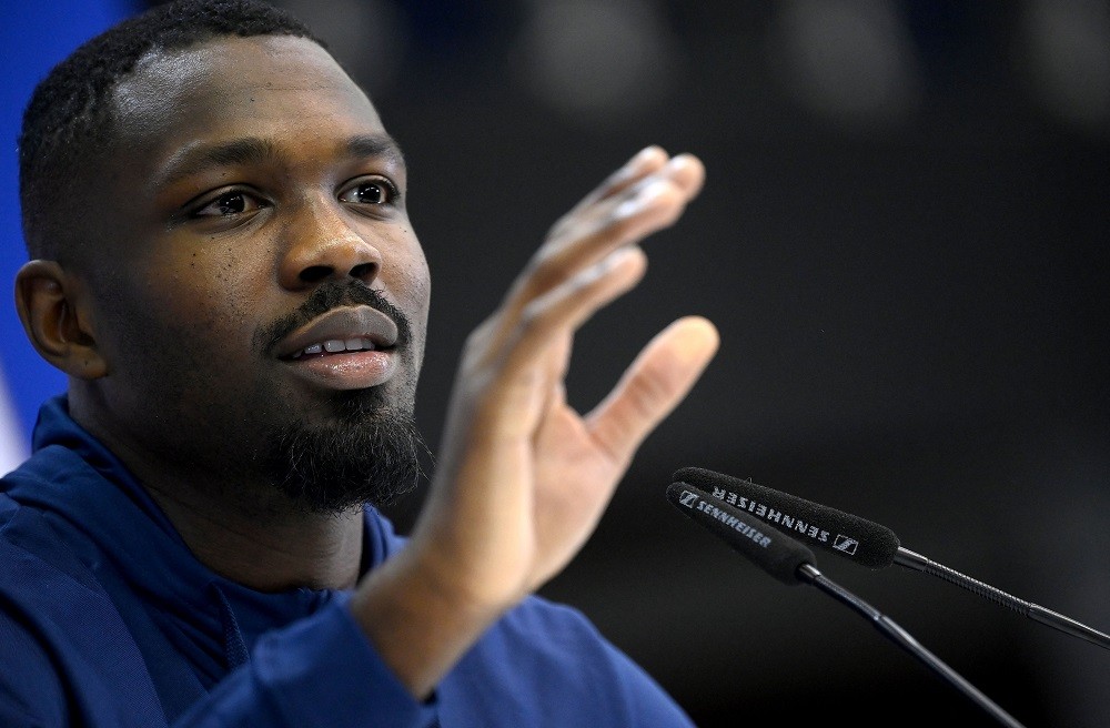 France's forward Marcus Thuram gestures during a press conference at the Jassim-bin-Hamad Stadium in Doha on November 24, 2022, during the Qatar 20...