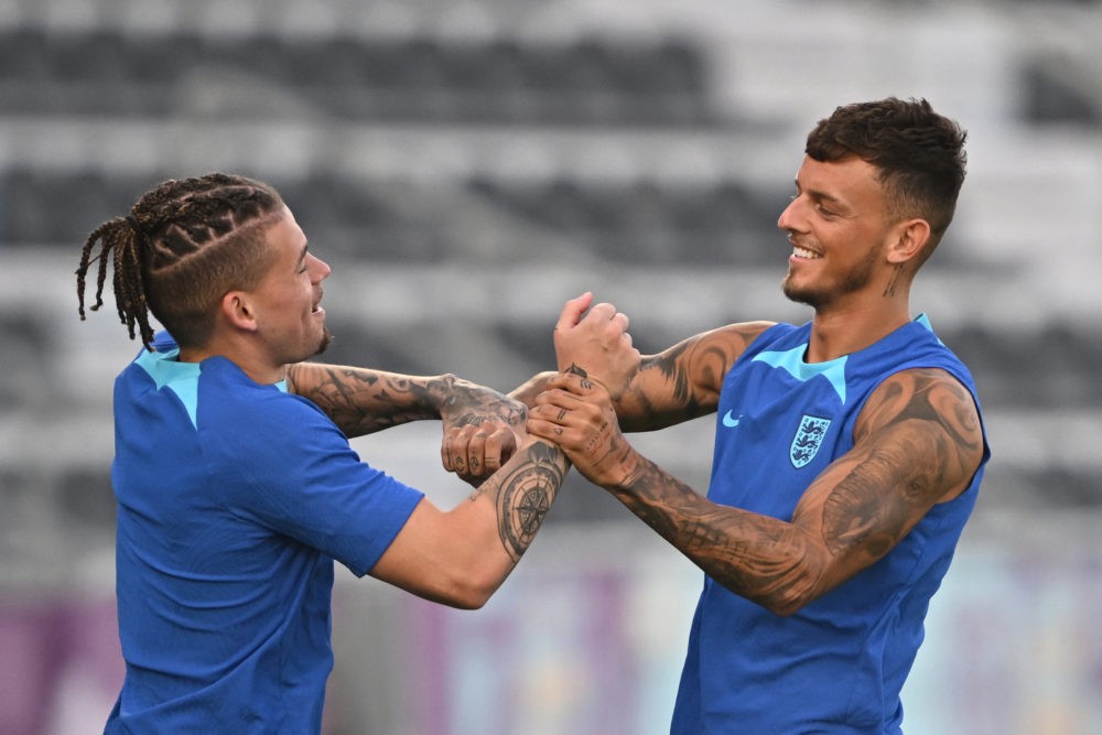 Southgate denies Ben White England bust-up claims 2 England's midfielder Kalvin Phillips (L) and England's defender Ben White take part in a training session at the Al Wakrah SC Stadium in Al Wakrah, south of Doha, on November 20, 2022, on the eve of the Qatar 2022 World Cup football tournament Group B match between England and Iran. (Photo by PAUL ELLIS/AFP via Getty Images)