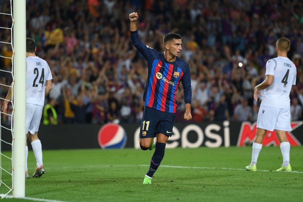 BARCELONA, SPAIN: Ferran Torres of FC Barcelona celebrates after scoring their team's fifth goal during the UEFA Champions League group C match bet...