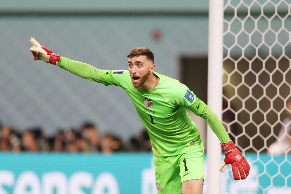 DOHA, QATAR - DECEMBER 03: Matt Turner of United States looks on during the FIFA World Cup Qatar 2022 Round of 16 match between Netherlands and USA at Khalifa International Stadium on December 03, 2022 in Doha, Qatar. (Photo by Elsa/Getty Images)