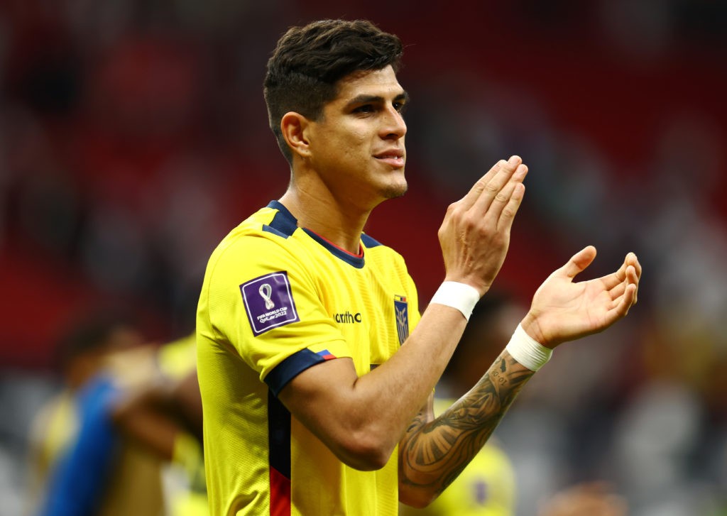 AL KHOR, QATAR - NOVEMBER 20: Piero Hincapie of Ecuador applauds fans after his side's 2-0 victory in the FIFA World Cup Qatar 2022 Group A match between Qatar and Ecuador at Al Bayt Stadium on November 20, 2022 in Al Khor, Qatar. (Photo by Francois Nel/Getty Images)