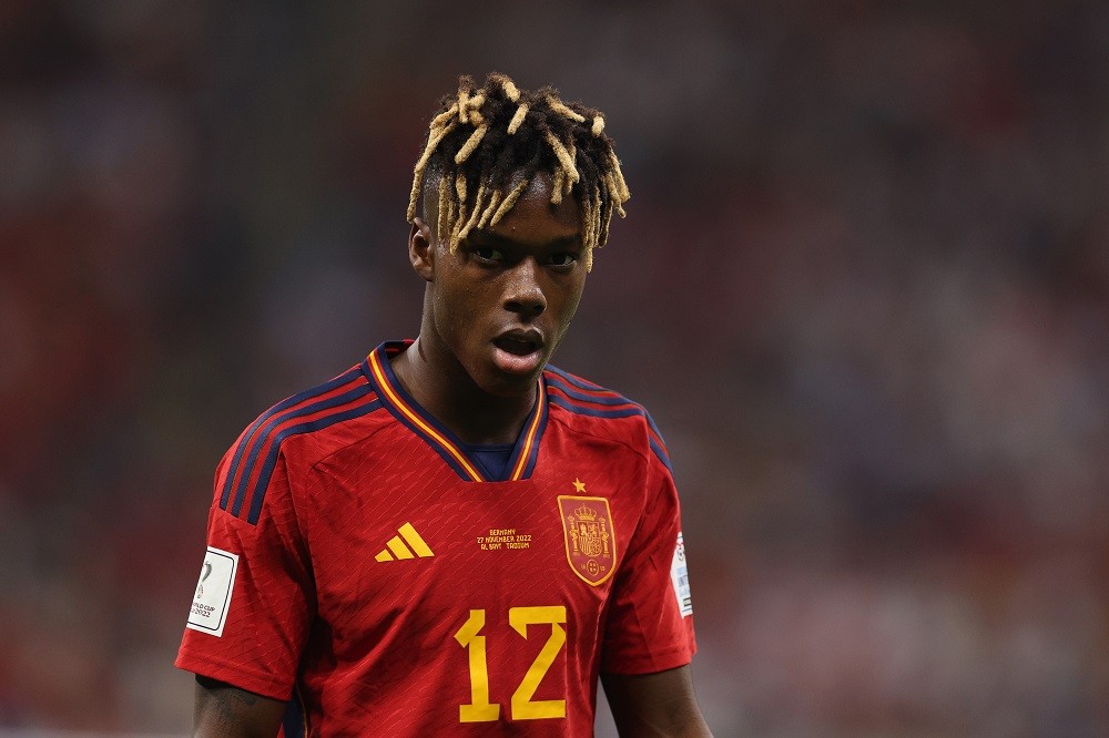 AL KHOR, QATAR: Nico Williams of Spain in action during the FIFA World Cup Qatar 2022 Group E match between Spain and Germany at Al Bayt Stadium on...