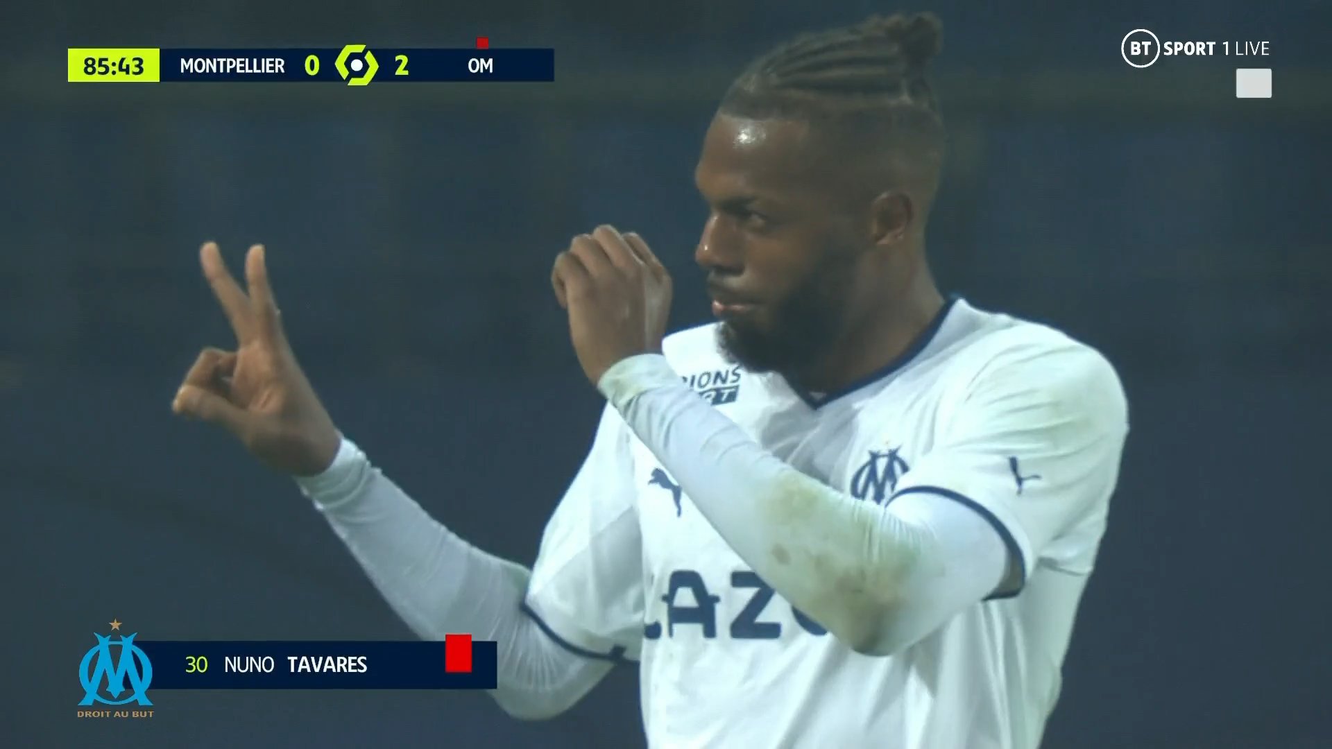 Nuno Tavares gestures to the Montpellier fans (Photo via BT Sport on Twitter)