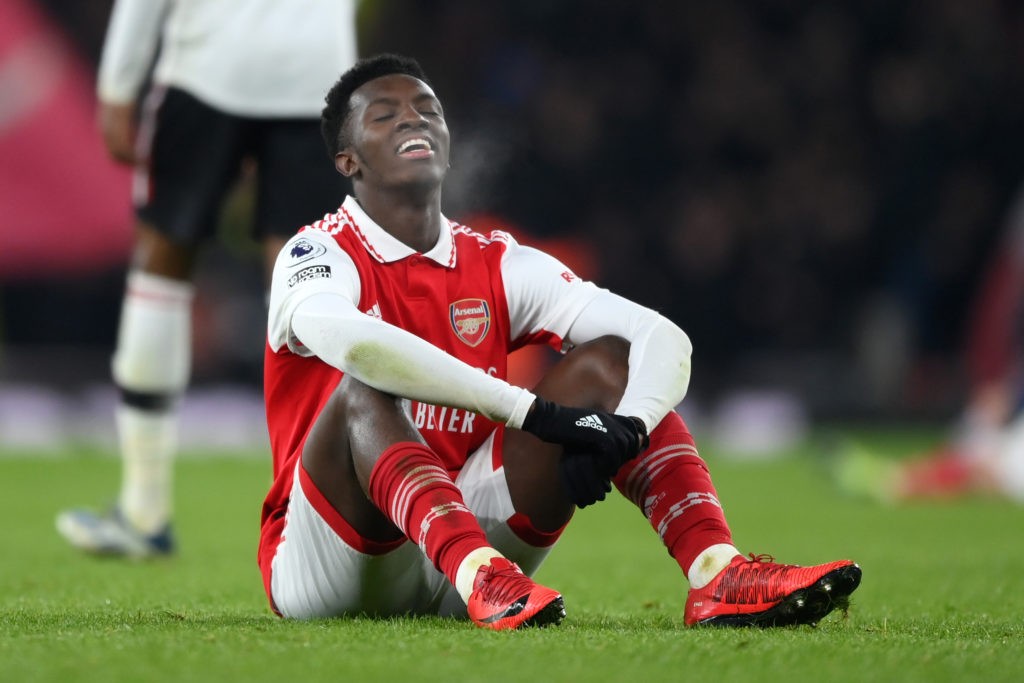 LONDON, ENGLAND - JANUARY 22: Eddie Nketiah of Arsenal celebrates after the team's victory during the Premier League match between Arsenal FC and Manchester United at Emirates Stadium on January 22, 2023 in London, England. (Photo by Shaun Botterill/Getty Images)